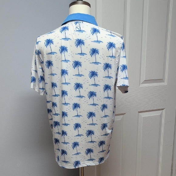 Puma White/Blue Palm Tree Print Polo Shirt Embroidered Founders Club Sleeve Sz M - Picture 2 of 9